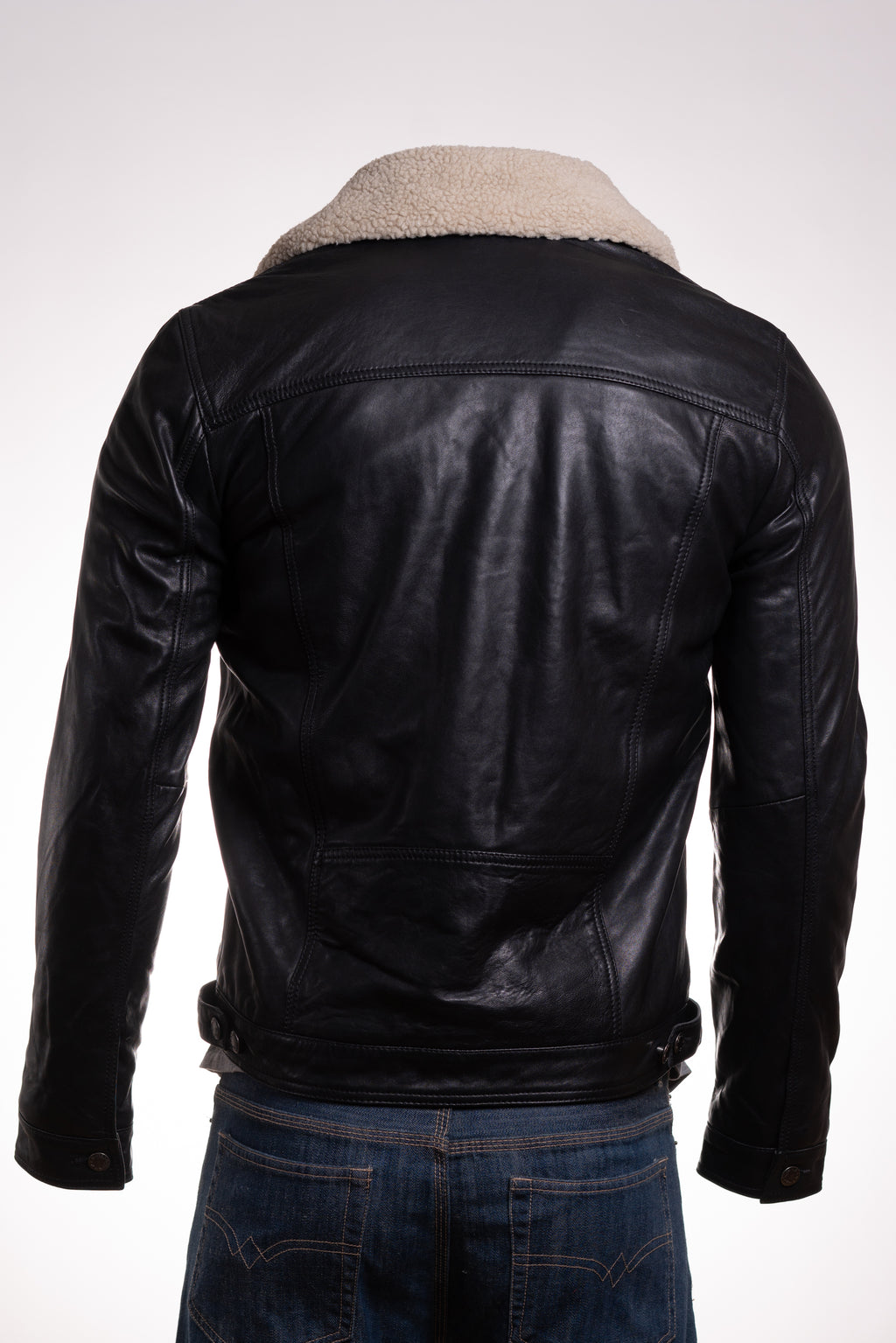 Men's Black Shirt Style Leather Jacket With Removable Sheepskin Collar: Gabriele