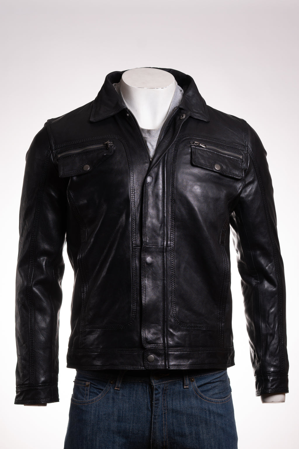 Men's Black Shirt Style Leather Jacket With Removable Sheepskin Collar: Gabriele