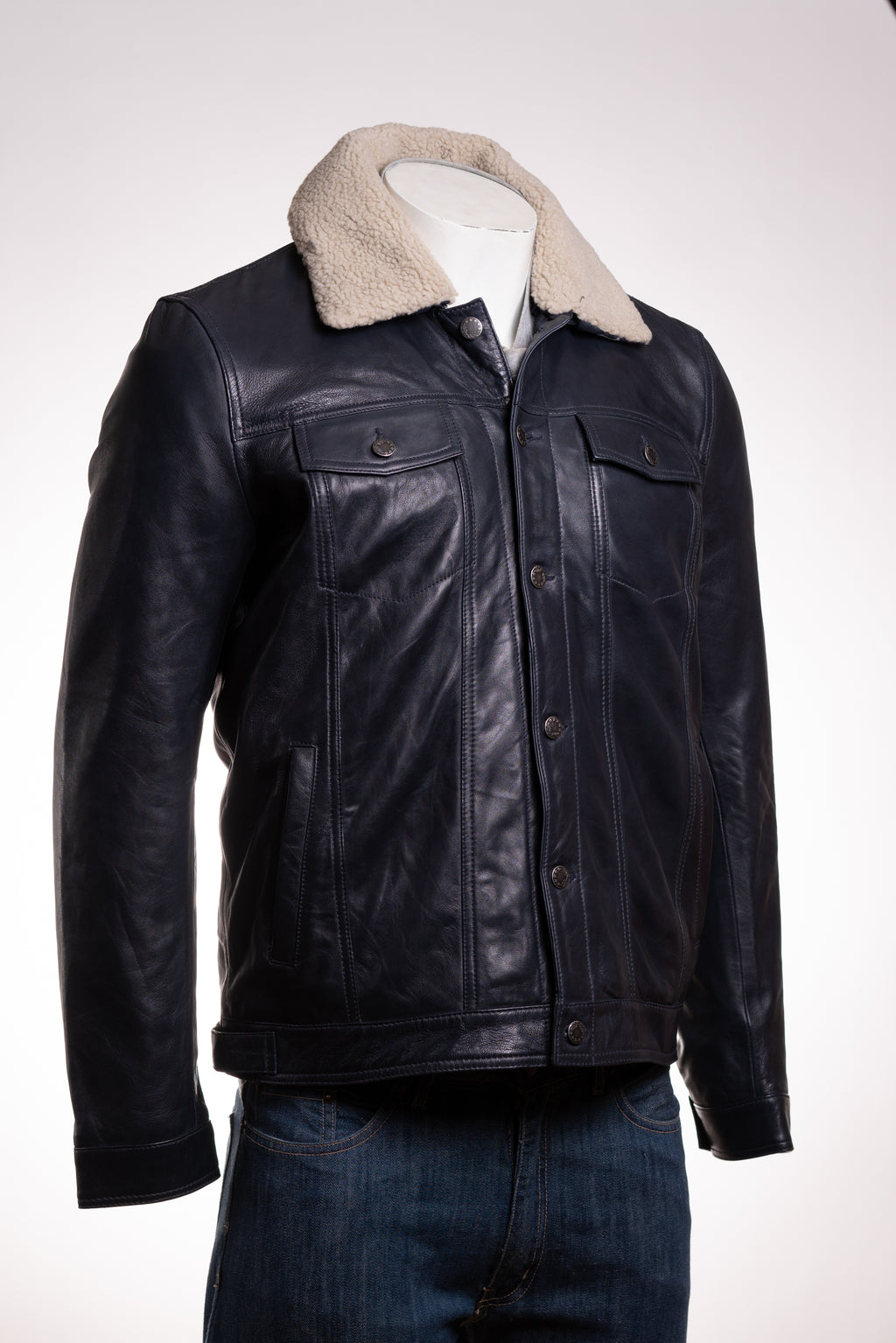 Men's Navy Shirt Style Leather Jacket With Removable Sheepskin Collar: Gabriele
