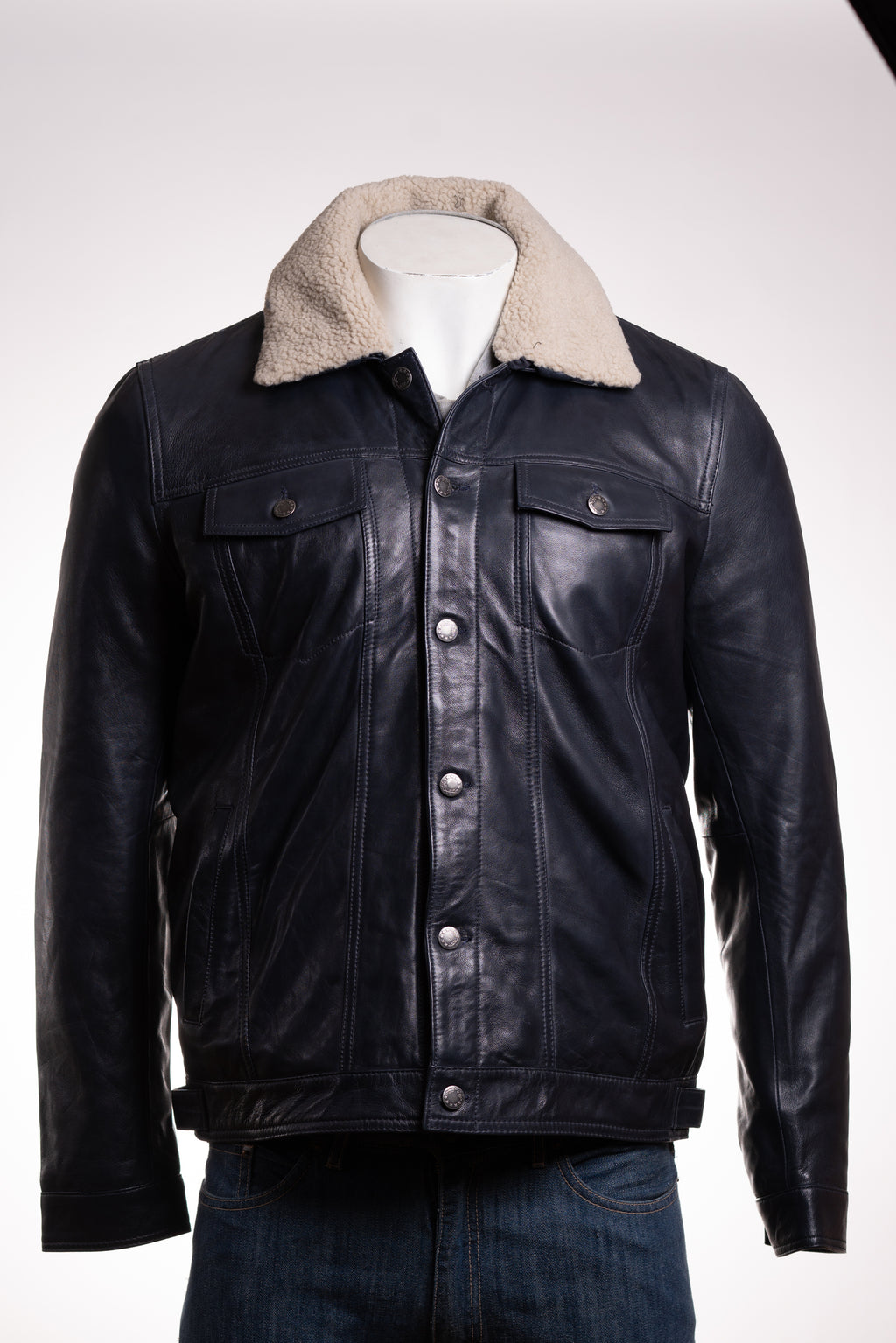 Men's Navy Shirt Style Leather Jacket With Removable Sheepskin Collar: Gabriele