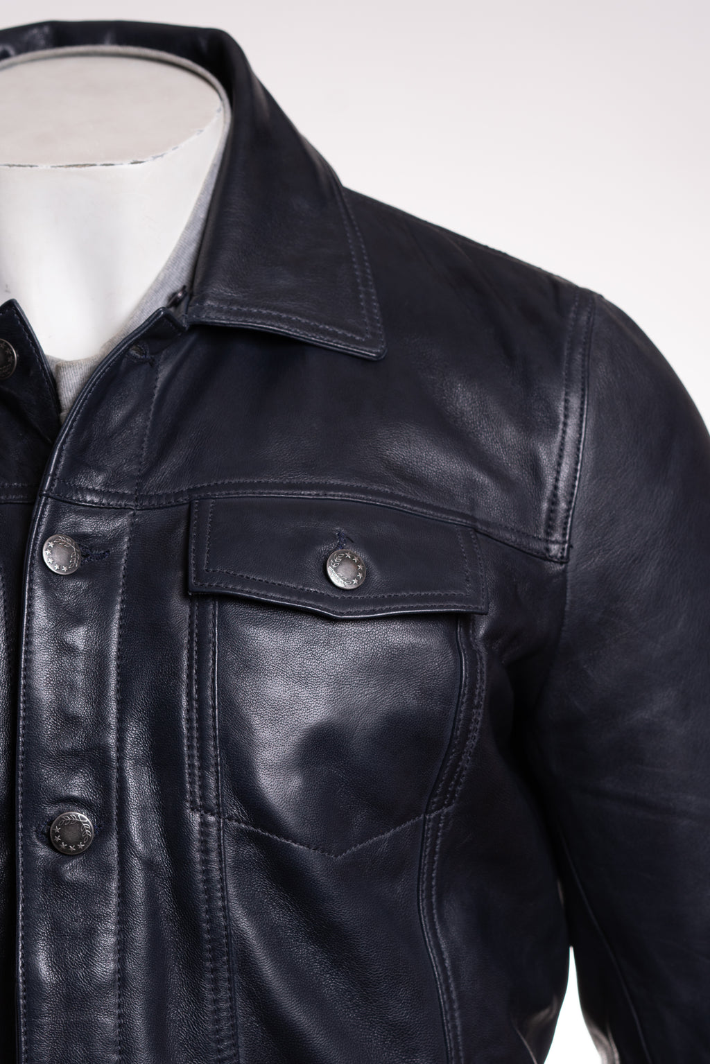 Men's Navy Shirt Style Leather Jacket With Removable Sheepskin Collar: Gabriele