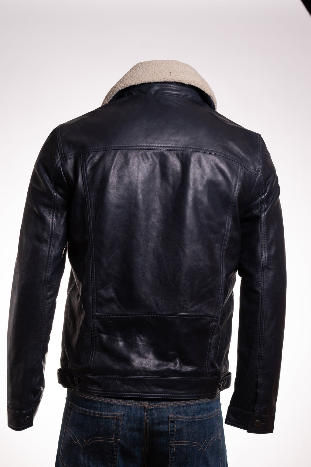 Men's Navy Shirt Style Leather Jacket With Removable Sheepskin Collar: Gabriele