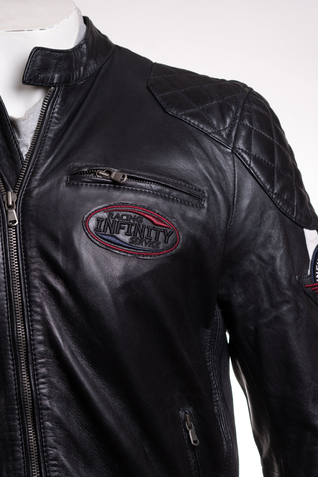 Men's Black Retro Quilted Shoulder Leather Racer Jacket: Andre