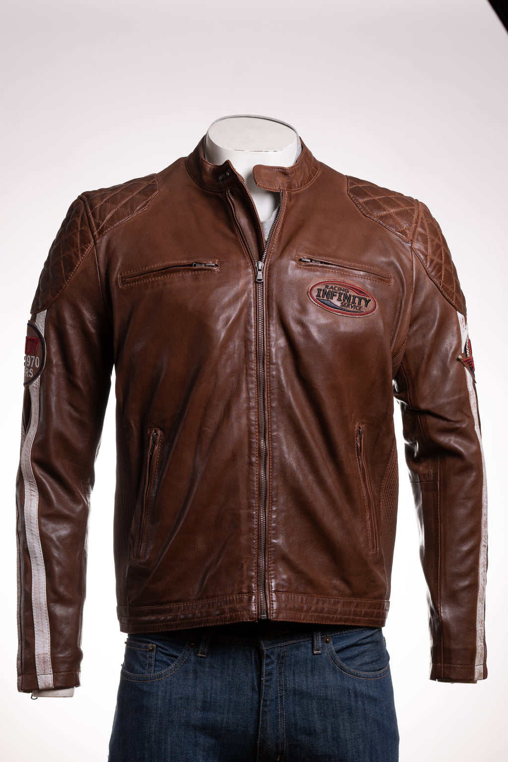Men's Cognac Retro Quilted Shoulder Leather Racer Jacket: Andre