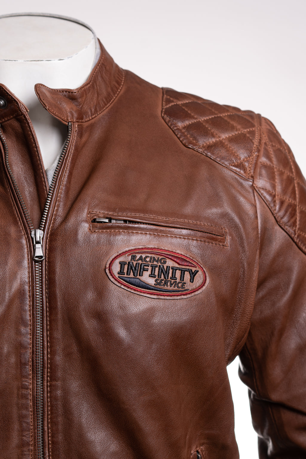 Men's Cognac Retro Quilted Shoulder Leather Racer Jacket: Andre