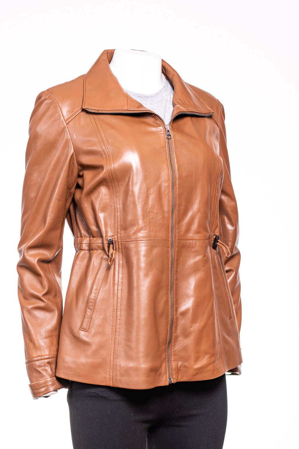 Ladies Tan Hip Length Toggle Waist Leather Jacket: Berta