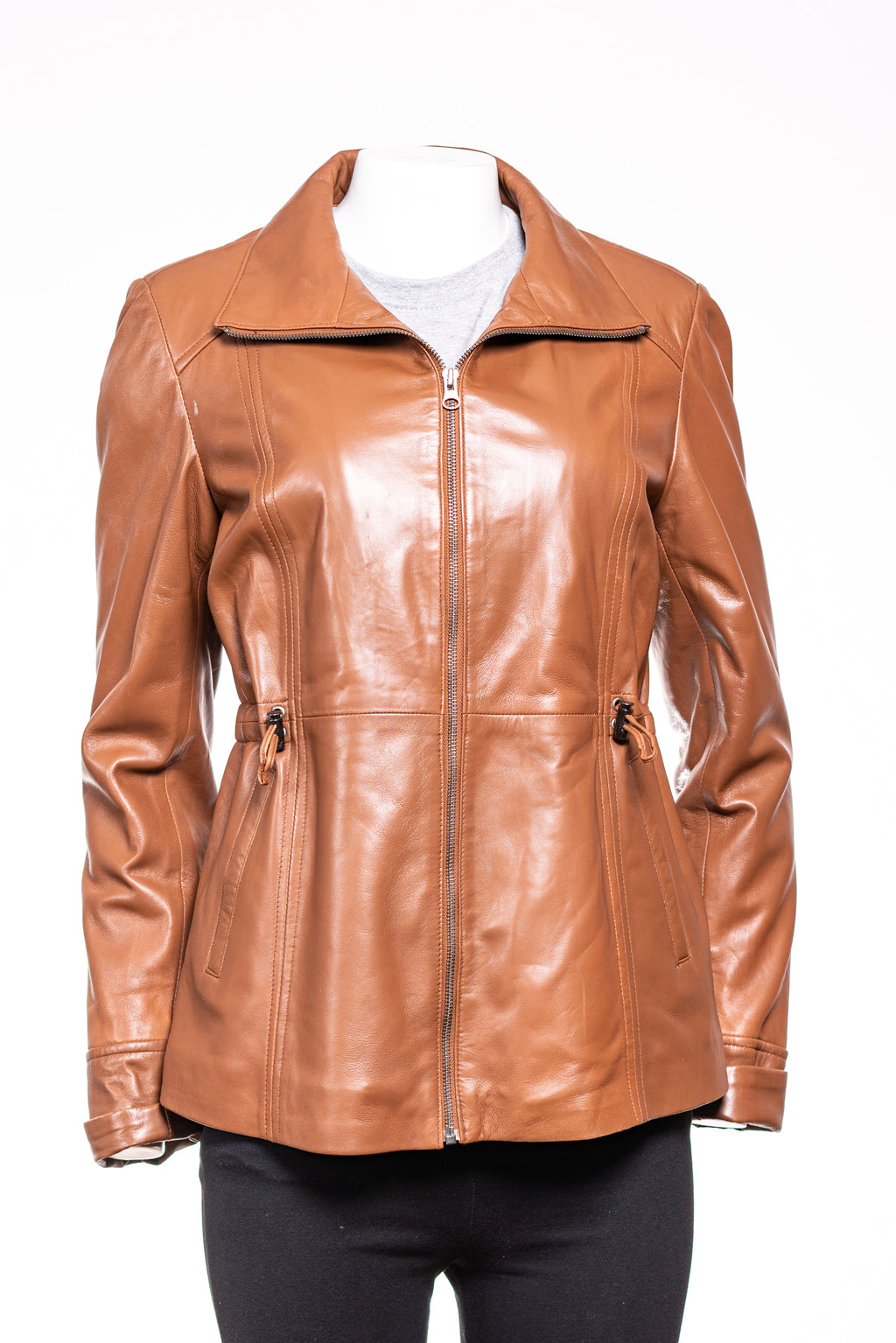 Ladies Tan Hip Length Toggle Waist Leather Jacket: Berta