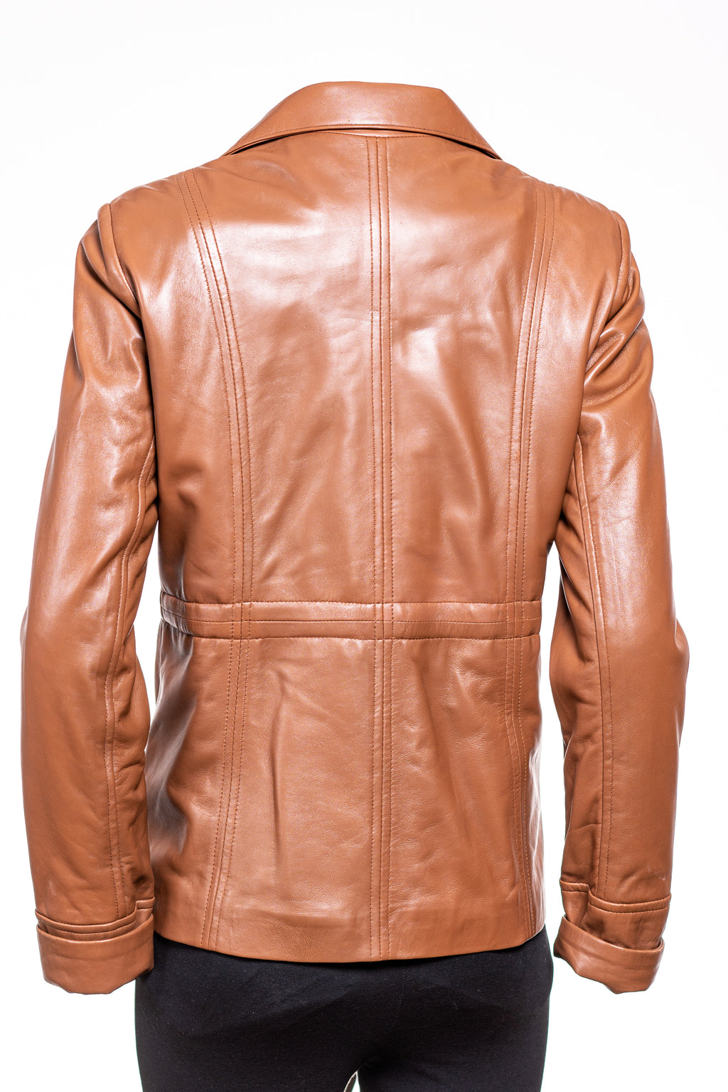 Ladies Tan Hip Length Toggle Waist Leather Jacket: Berta