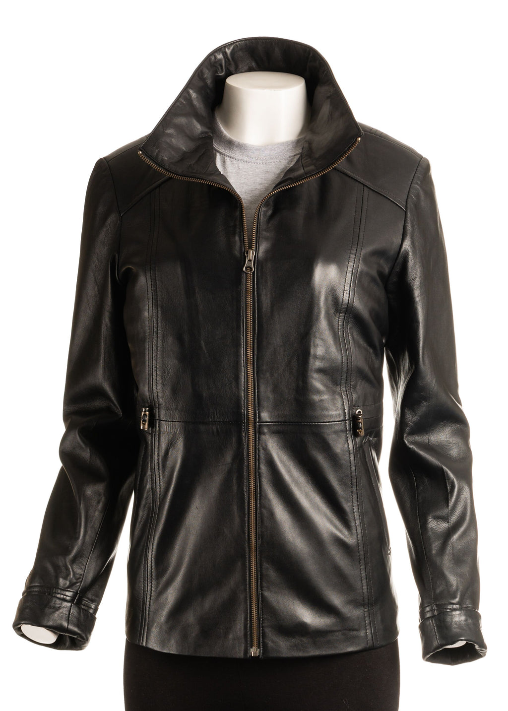 Ladies Black Hip Length Toggle Waist Leather Jacket: Berta