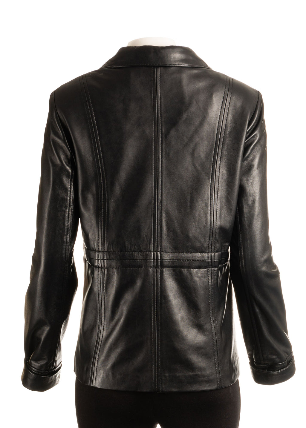Ladies Black Hip Length Toggle Waist Leather Jacket: Berta