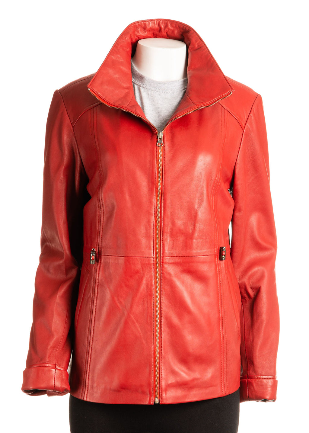 Ladies Red Hip Length Toggle Waist Leather Jacket: Berta