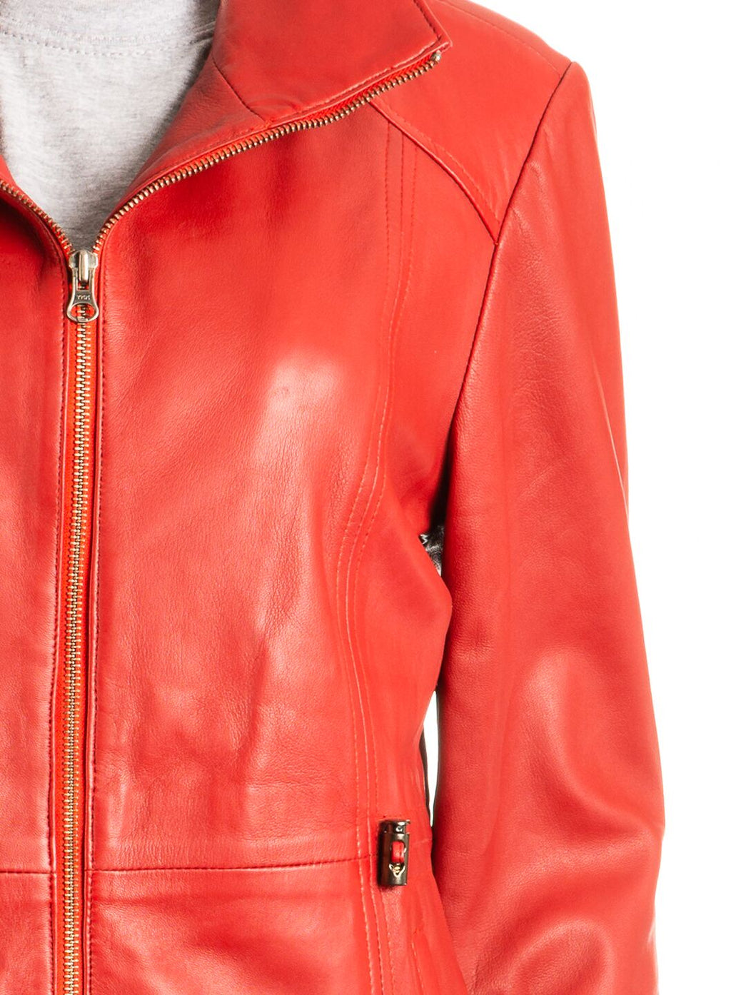 Ladies Red Hip Length Toggle Waist Leather Jacket: Berta