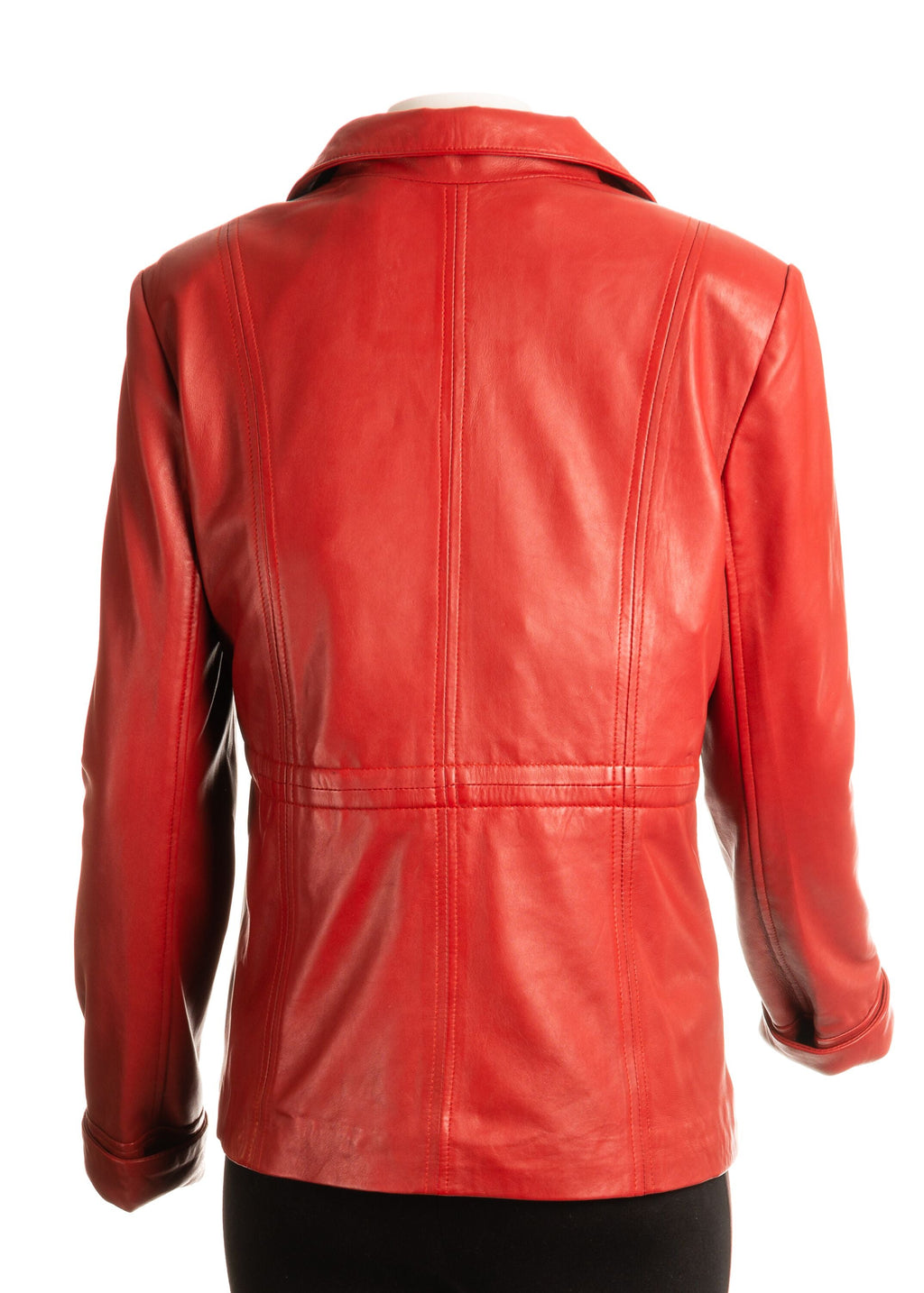 Ladies Red Hip Length Toggle Waist Leather Jacket: Berta
