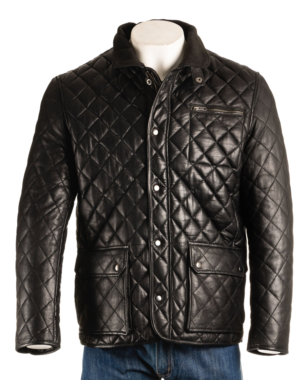 Men's Black Quilted Leather Coat with Diamond Stitch - Javier