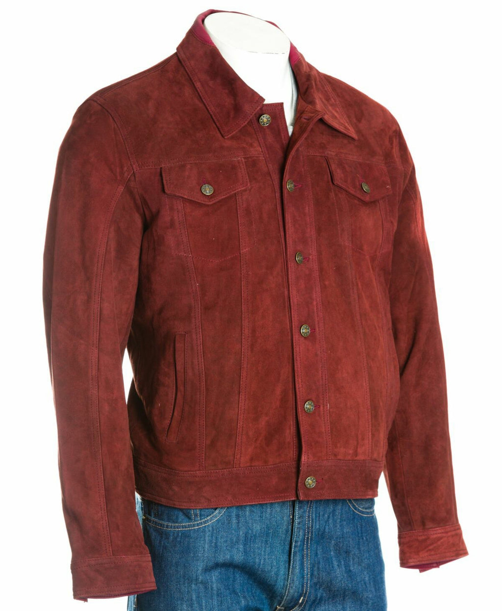 Men's Burgundy Denim Shirt Style Suede Jacket: Antonio
