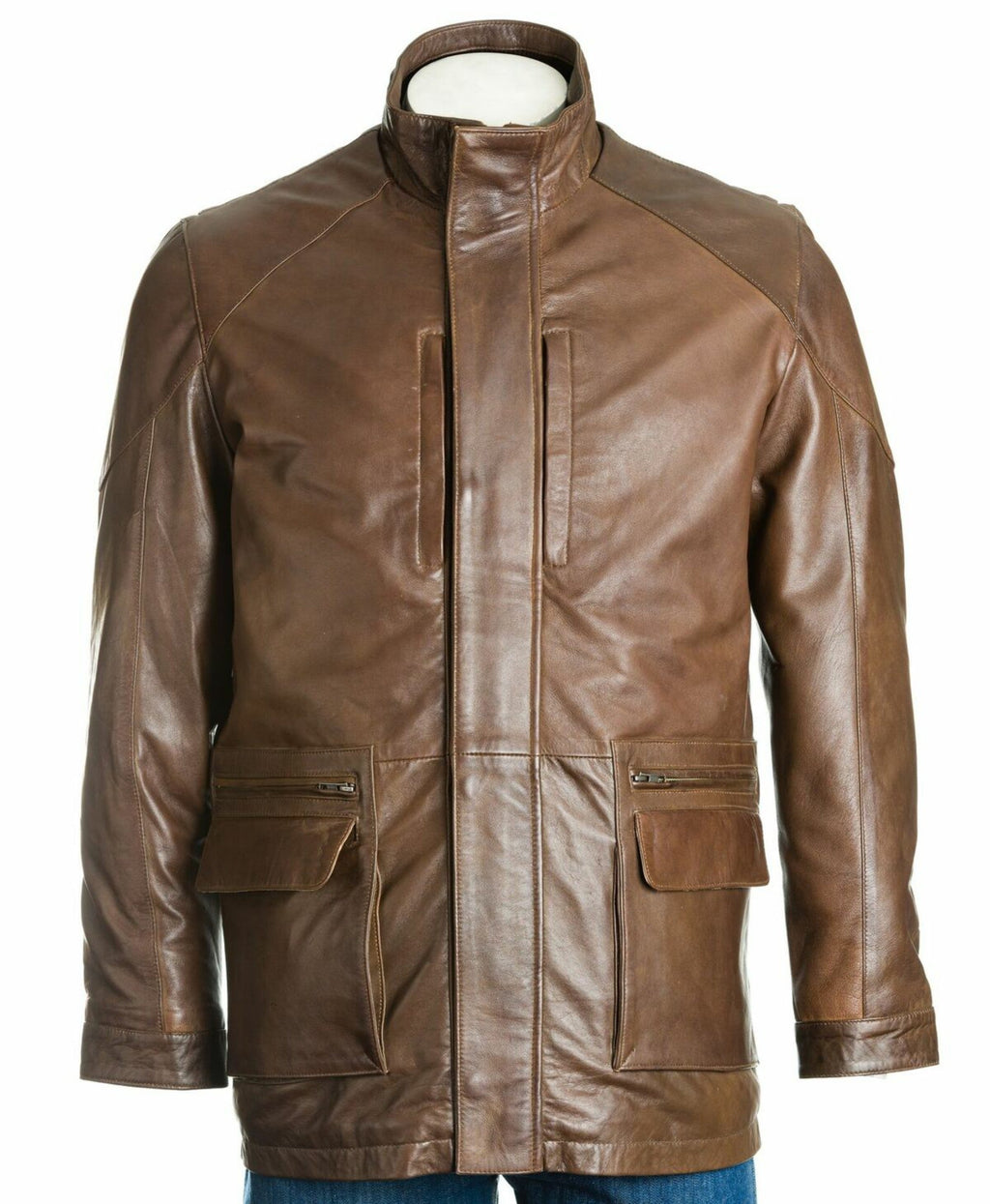 Men's Brown Stand Up Collar Leather Coat: Filberte