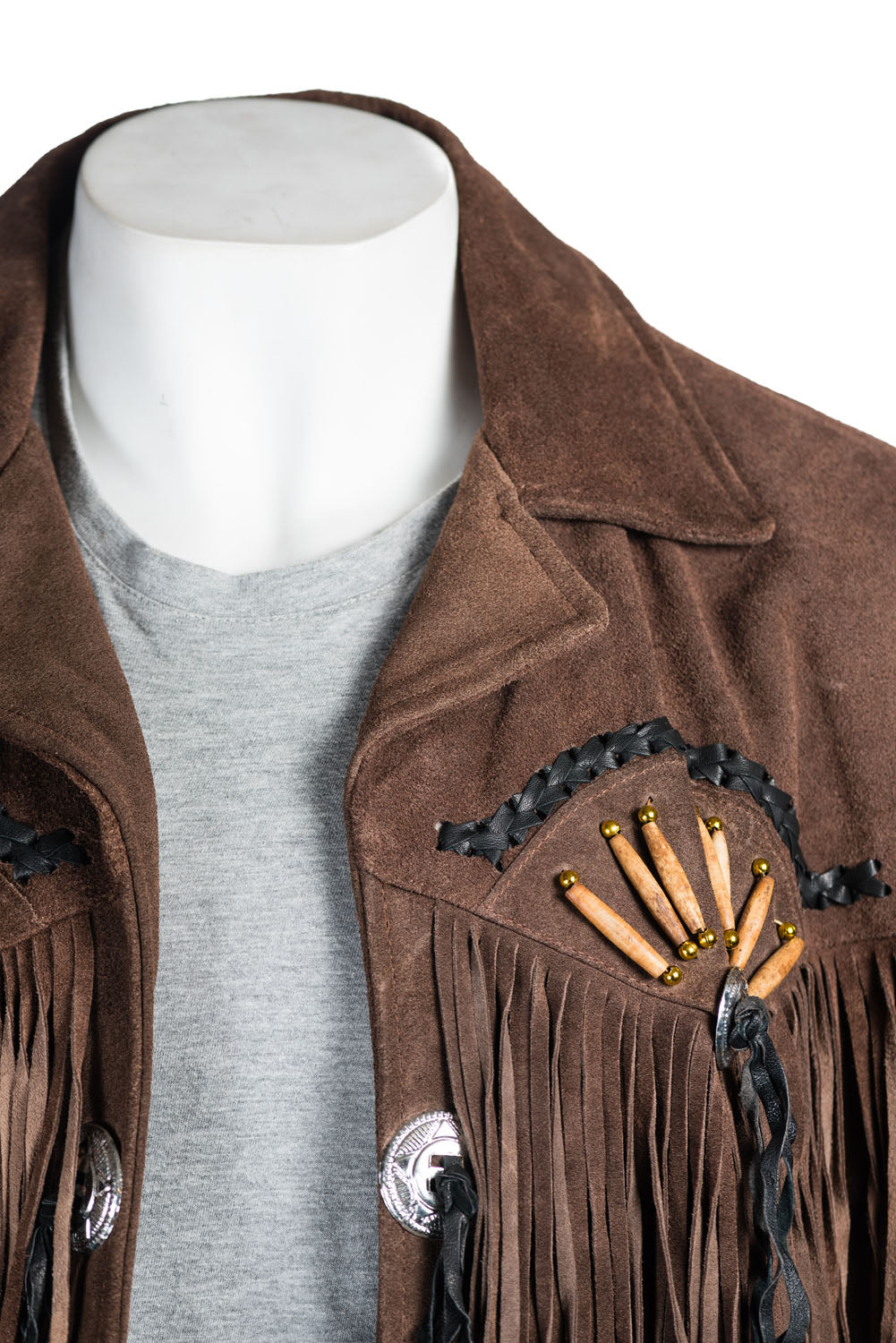 Men's Brown Suede Native American Western Style Jacket with Fringe and Beads - Navajo Men's