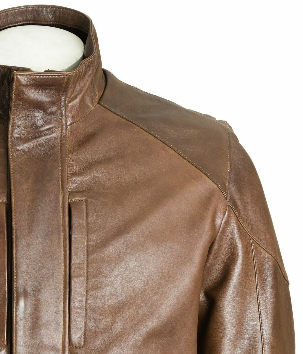 Men's Brown Stand Up Collar Leather Coat: Filberte