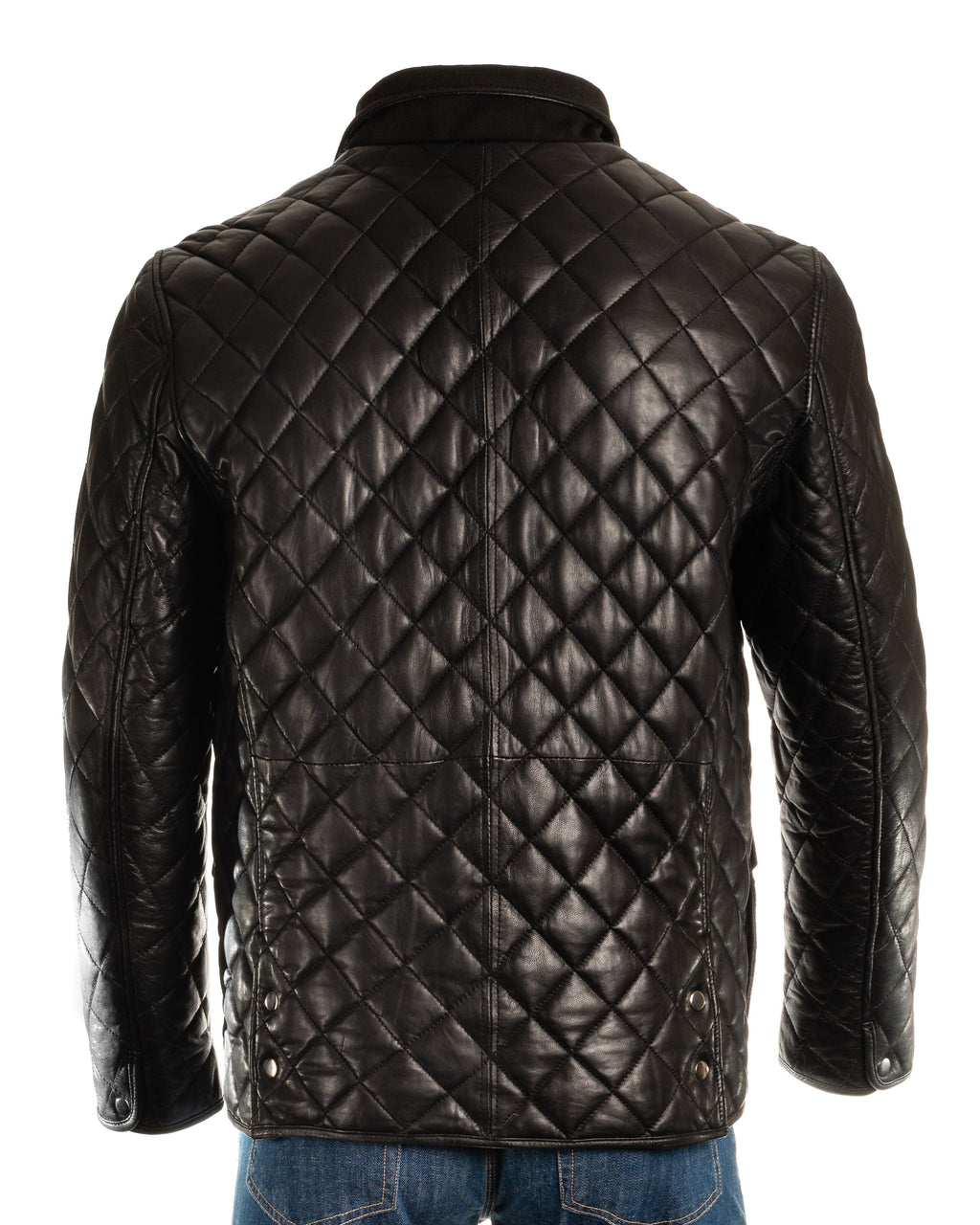 Men's Black Quilted Leather Coat with Diamond Stitch - Javier