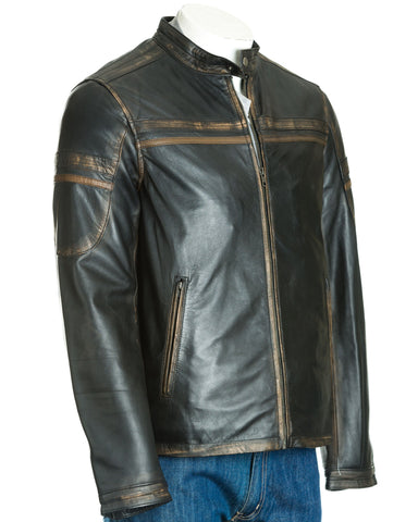 Men's Antique Tab Collar Leather Biker Jacket: Bosco