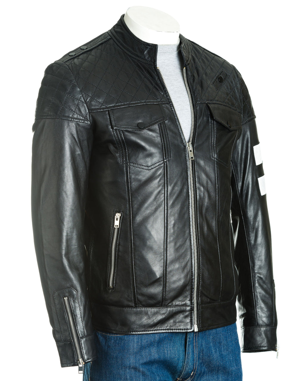 Men's Leather Biker Jacket with Contrast Stripe Detail: Manzu