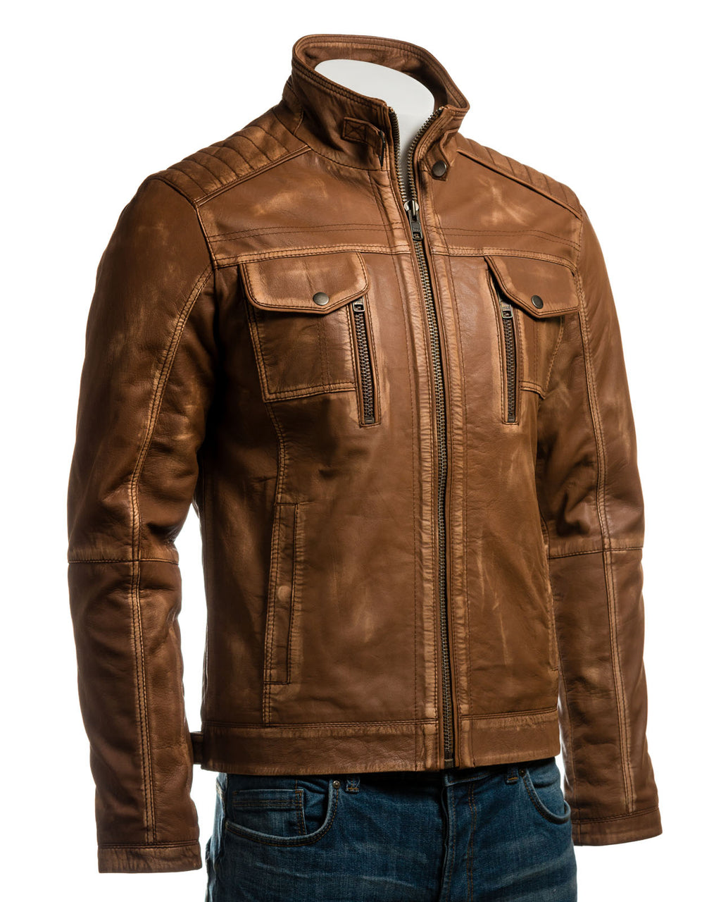 Men's Antique Tan Vintage Biker Style Leather Jacket - Dominico