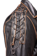 Men's Embossed Brando Style Cow Hide Biker Jacket with Laces - Abe