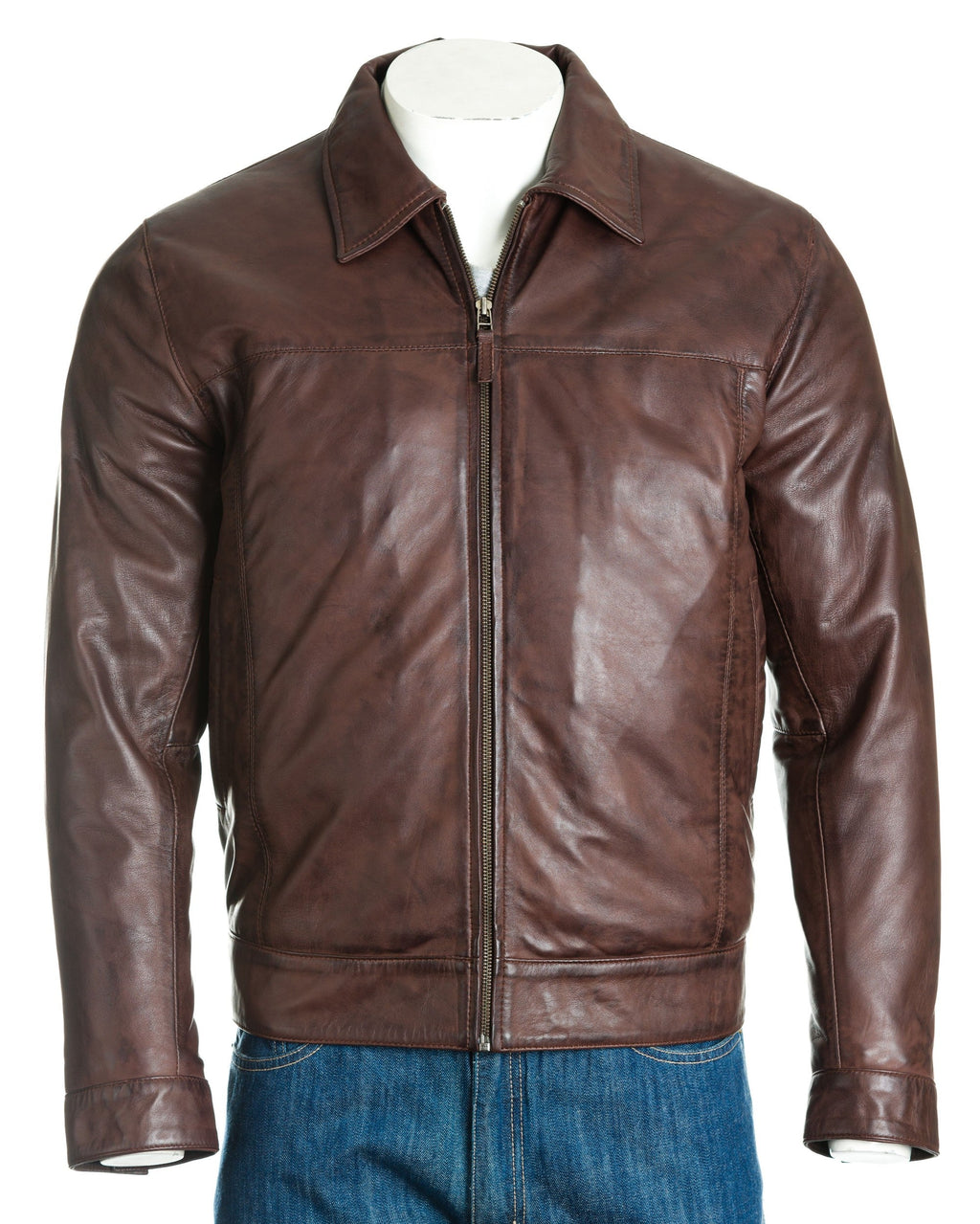 Men's Conker Brown Harrington Style Bomber Leather Jacket: Matias