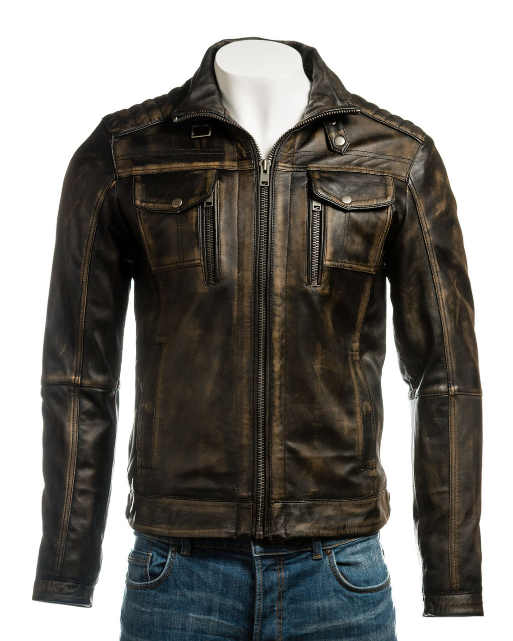 Men's Plus Size Antique Black Vintage Biker Style Leather Jacket - Dominico