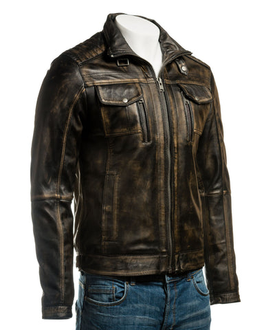 Men's Plus Size Antique Black Vintage Biker Style Leather Jacket - Dominico