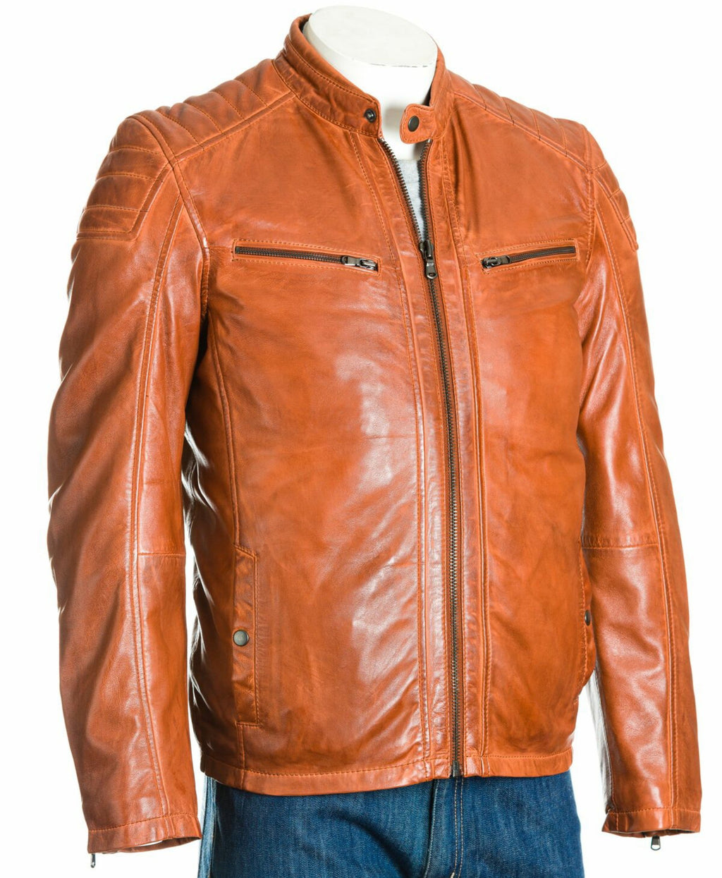 Men's Tan Biker Style Leather Jacket: Calvino