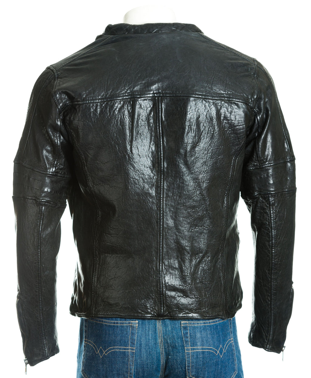 Men's Black Hi-Shine Collarless Biker Jacket: Gino