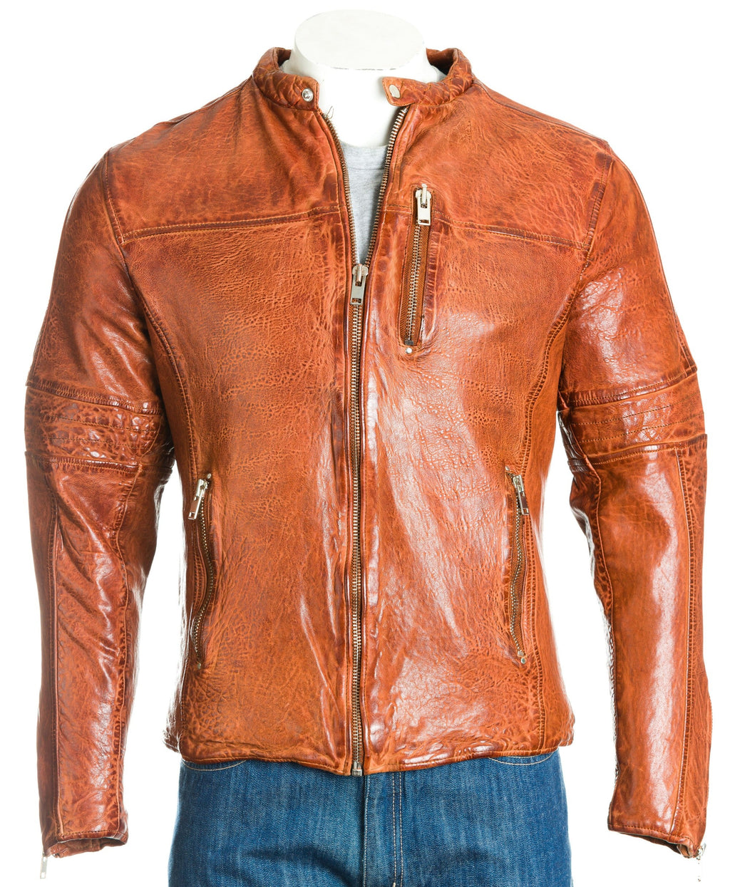 Men's Tan Hi-Shine Collarless Biker Jacket: Gino