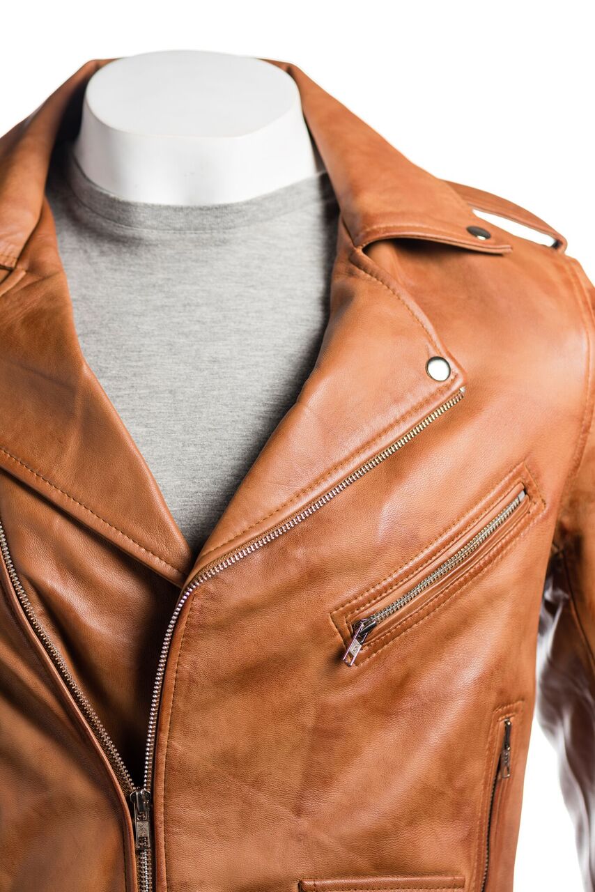 Men's Antique Tan Classic Brando Biker Nappa Leather Jacket: Santo