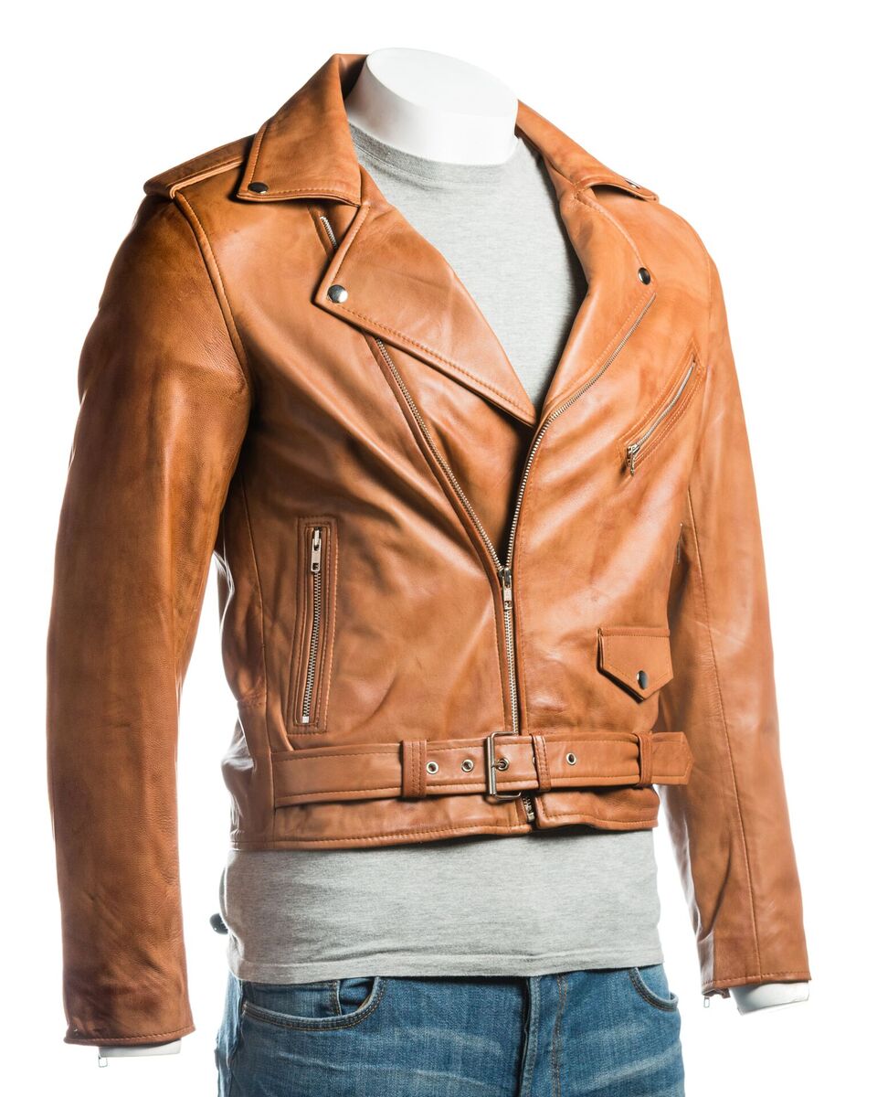 Men's Antique Tan Classic Brando Biker Nappa Leather Jacket: Santo
