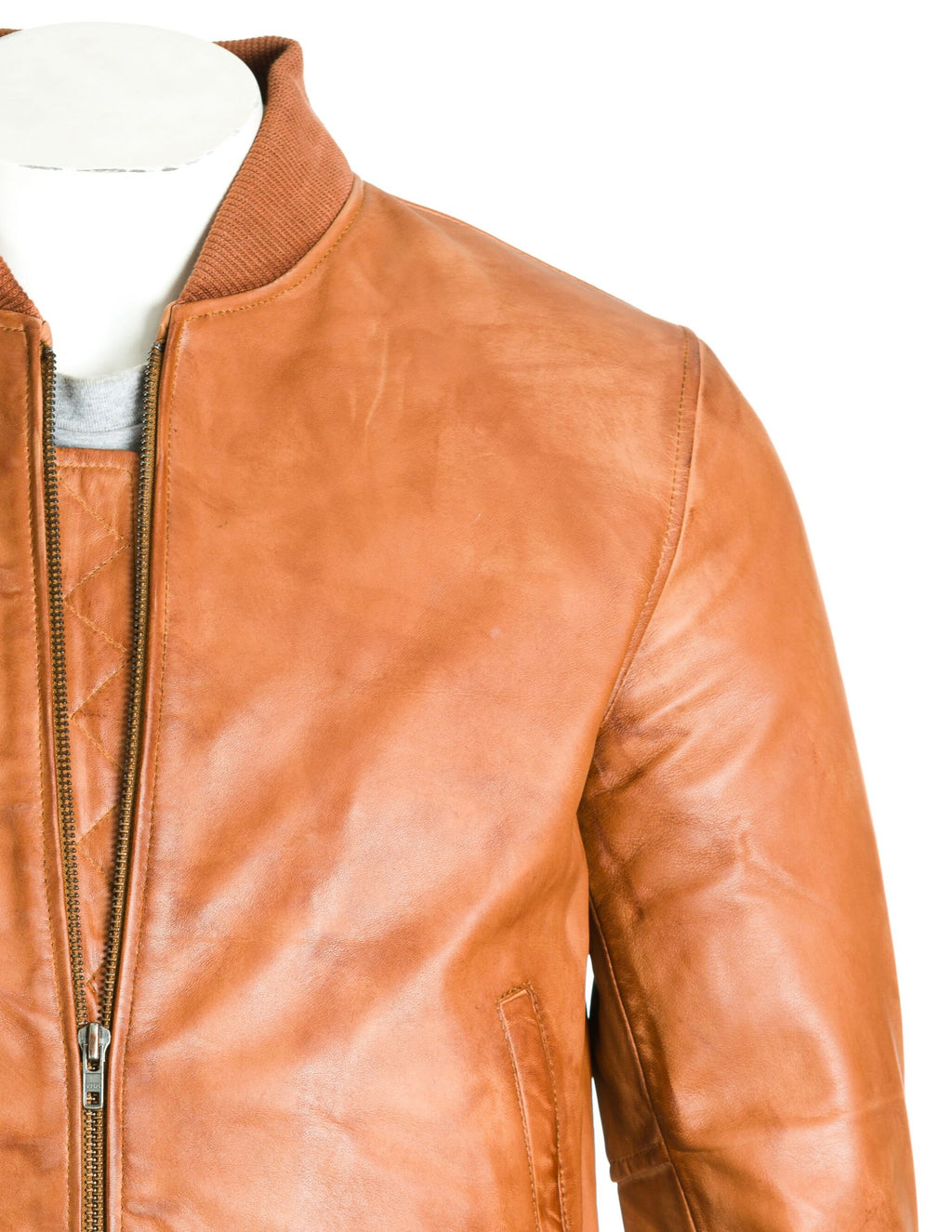 Men's Antique Tan Rib-Knit Collar Leather Bomber Jacket: Benedict