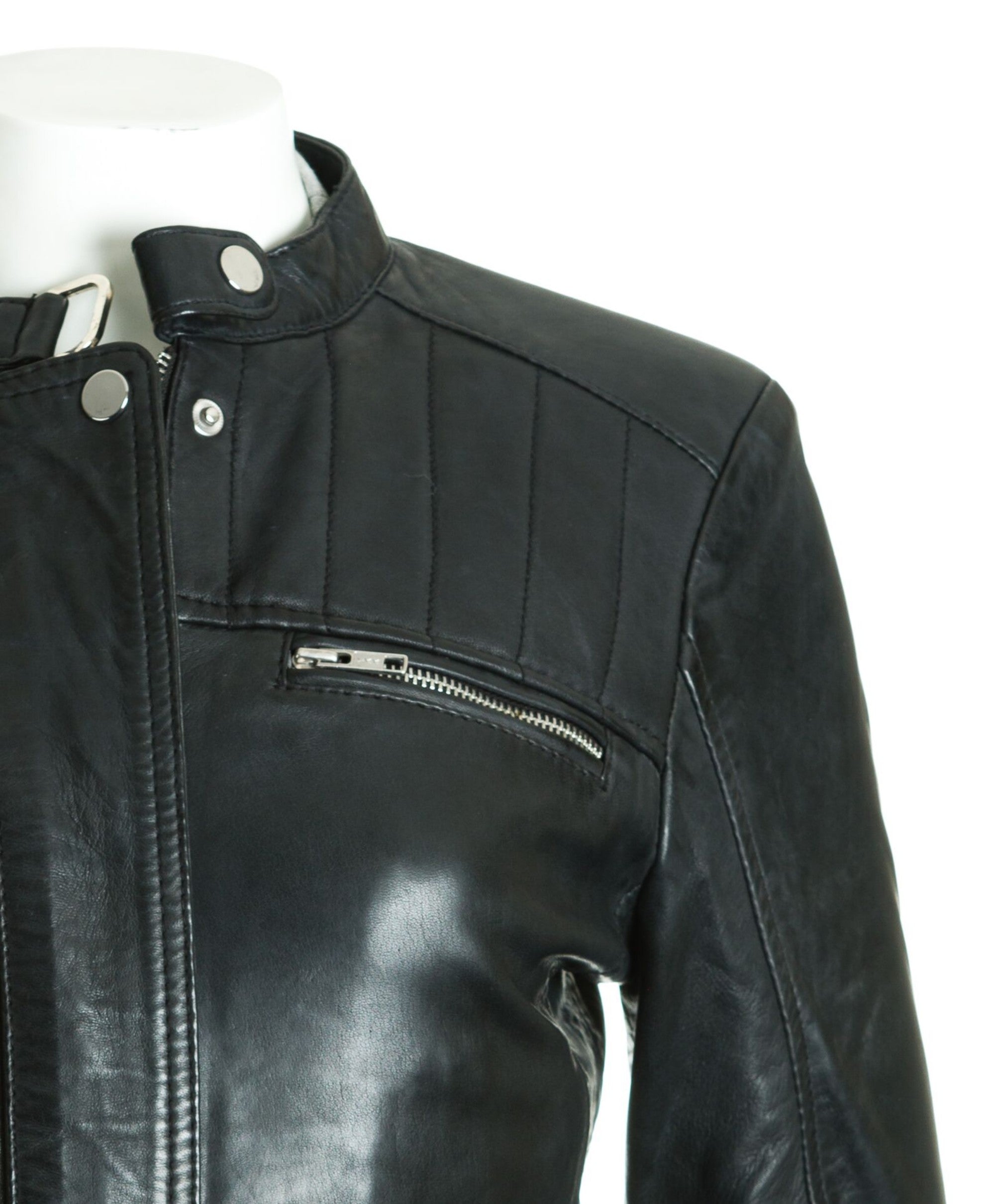 Women's Leather Biker Jacket with Stitch Detail: Zeta