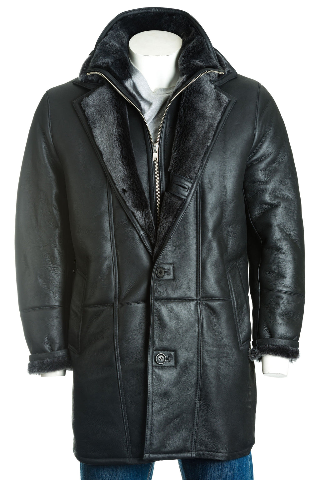 Men's Black Smart Leather Finish Sheepskin Shearling Coat: Samuele