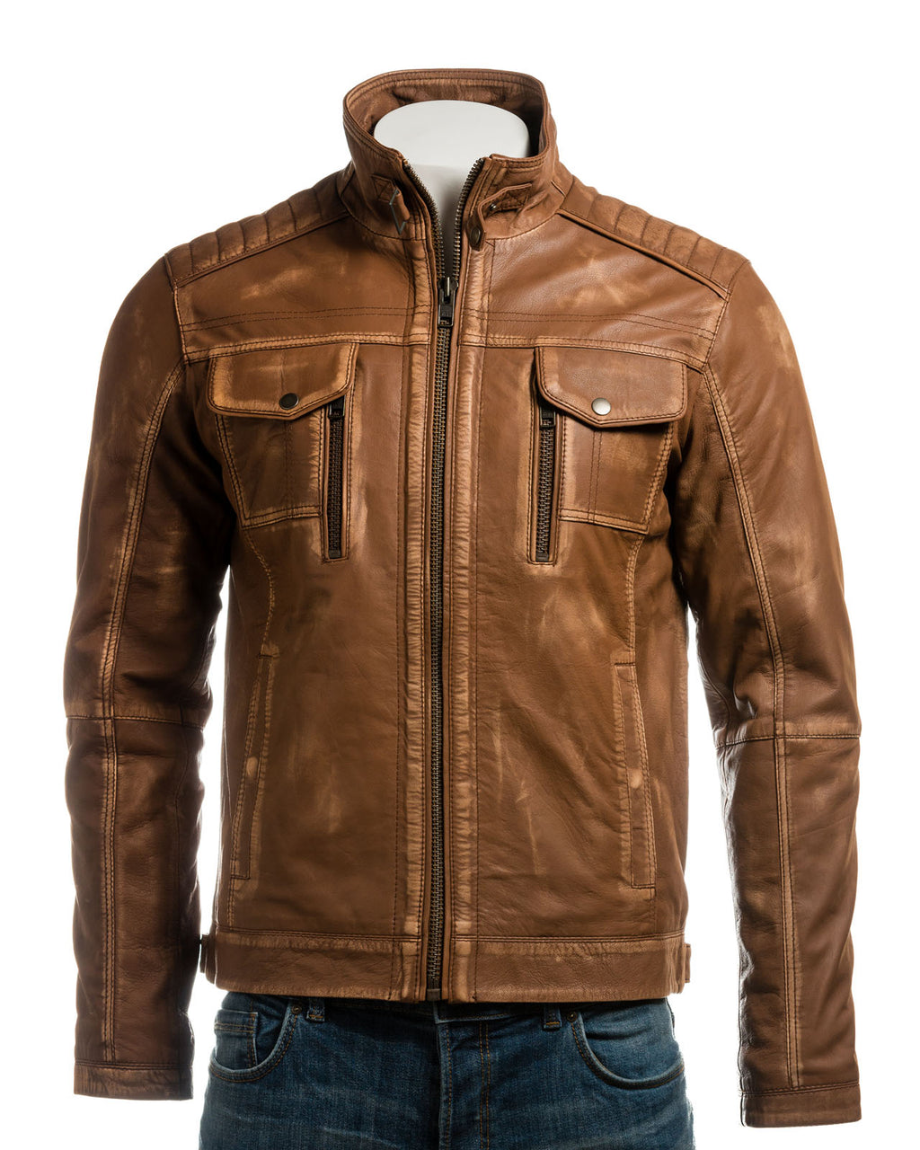 Men's Antique Tan Vintage Biker Style Leather Jacket - Dominico