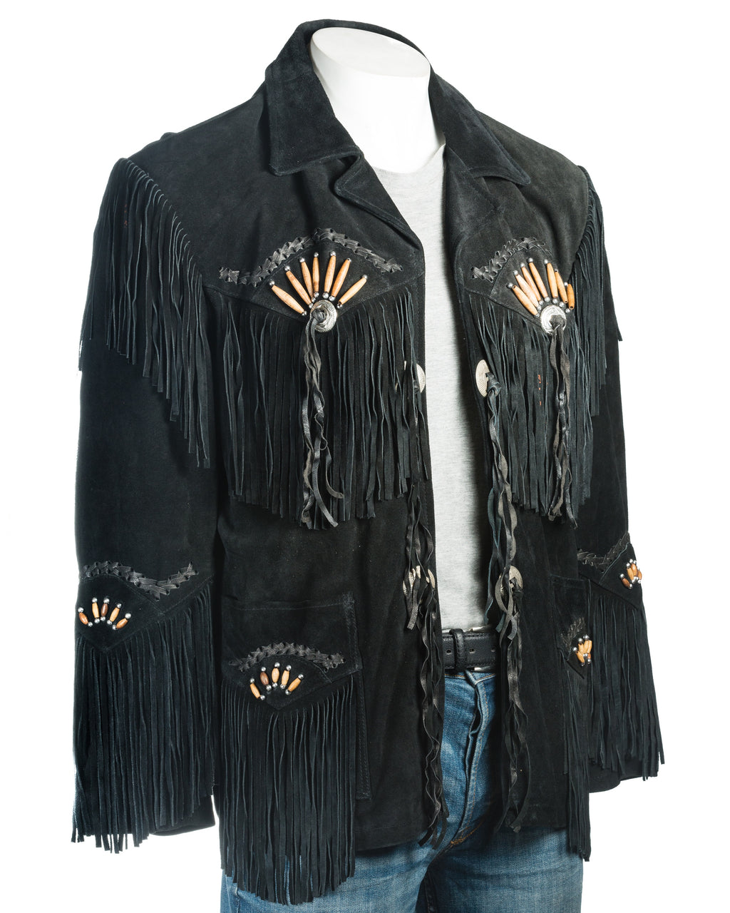 Men's Black Suede Native American Western Style Jacket with Fringe and Beads - Navajo Men's