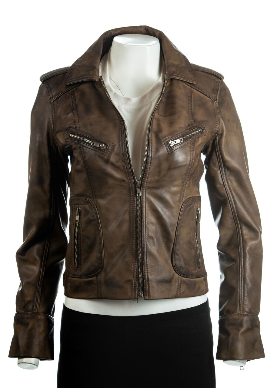 Ladies Antique Brown Symmetric Biker Style Leather Jacket: Camilla