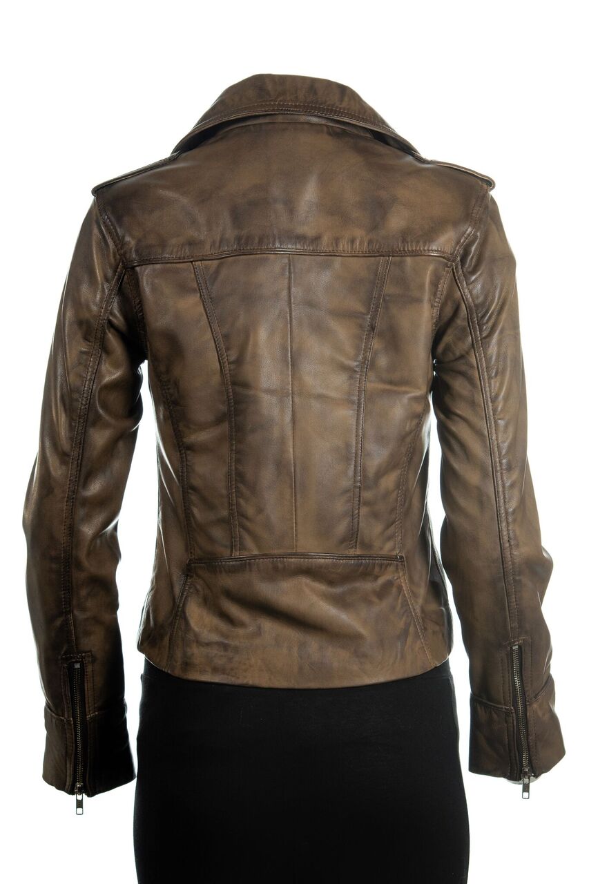 Ladies Antique Brown Symmetric Biker Style Leather Jacket: Camilla