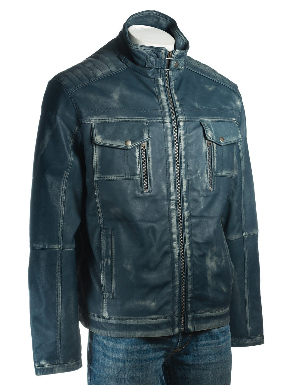 Men's Antique Blue Vintage Biker Style Leather Jacket - Dominico