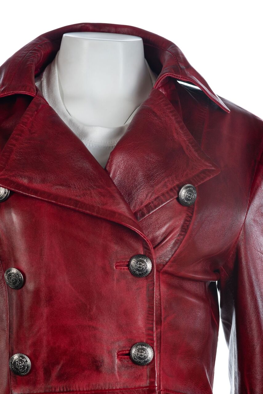 Ladies Red Leather Dip Hem Double Breasted Edwardian Military Style 3/4 Coat: Alessia