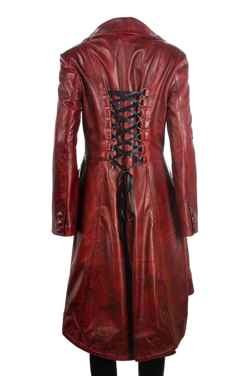Ladies Red Leather Dip Hem Double Breasted Edwardian Military Style 3/4 Coat: Alessia