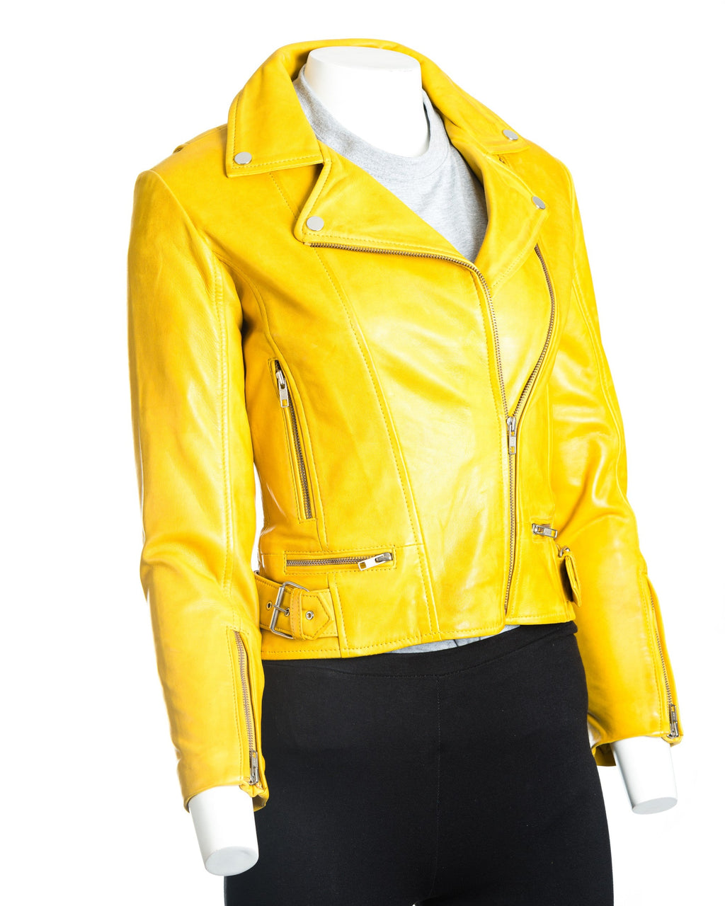 Women's Yellow Asymmetric Leather Biker Jacket: Assisi