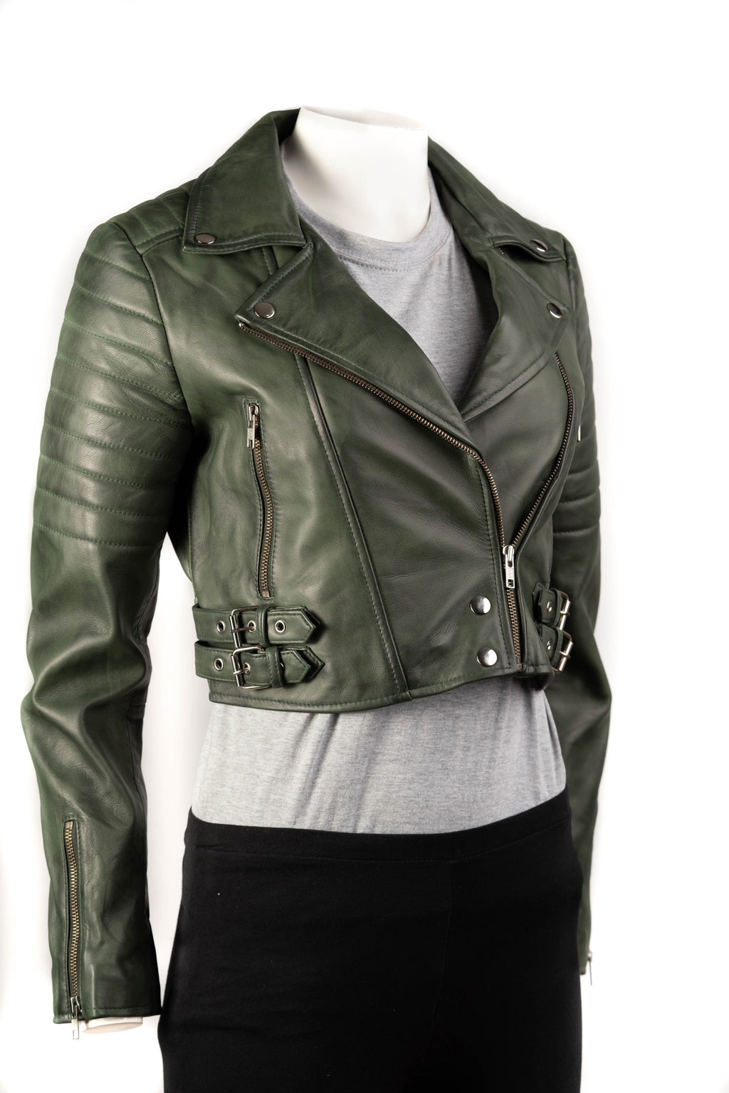 Ladies Forest Green Cropped Leather Biker Style Jacket: Concetta