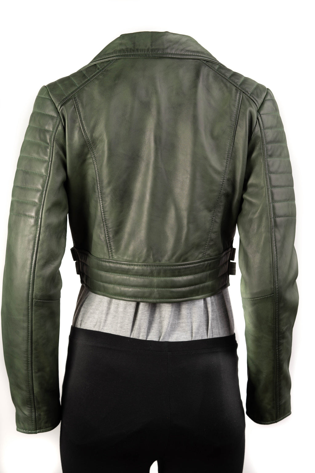Ladies Forest Green Cropped Leather Biker Style Jacket: Concetta