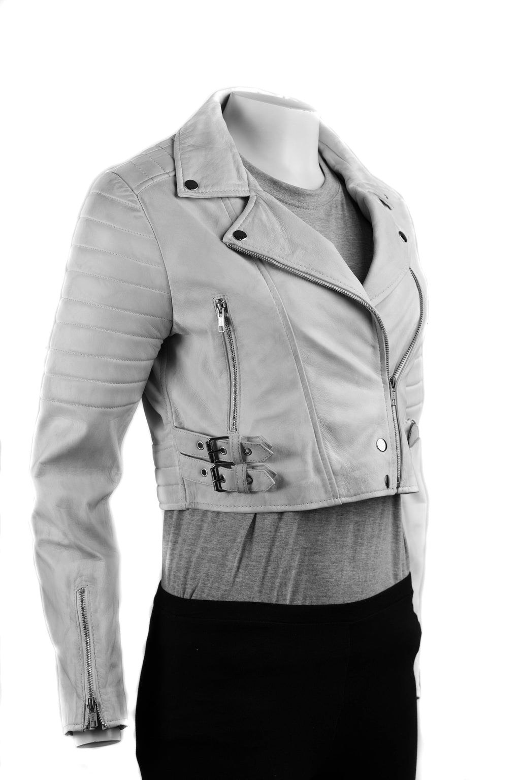 Ladies Antique White Cropped Leather Biker Style Jacket: Concetta