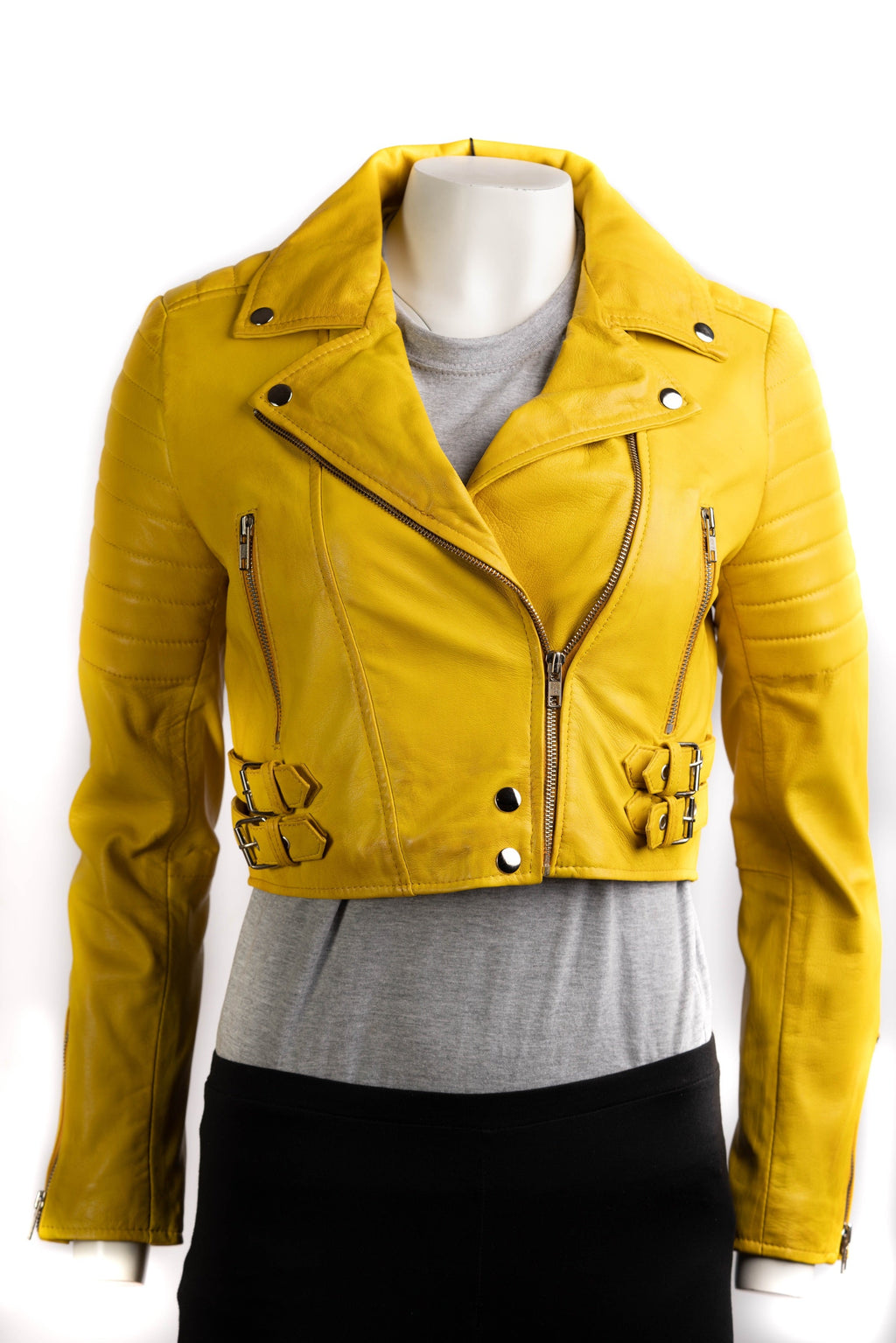 Ladies Yellow Cropped Leather Biker Style Jacket: Concetta